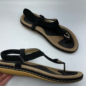 Socofy Black Leather Strappy Mini Wedge Sandals Womens 40 Thong Beach Vacation